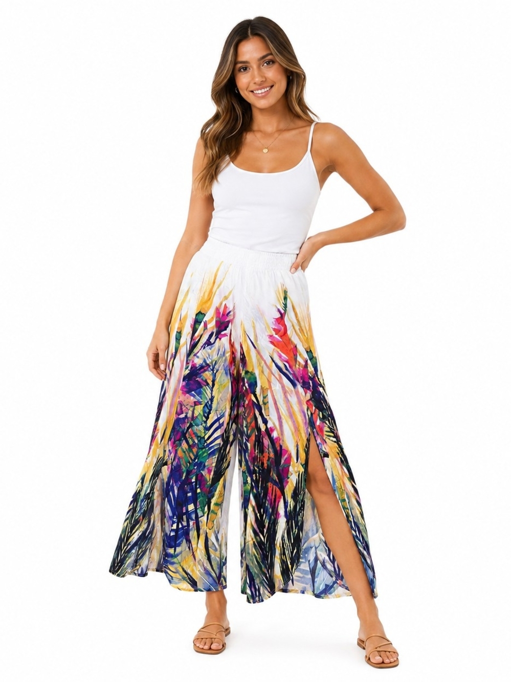 Anthropologie White Wide-Leg Painterly Floral Palazzo Pants